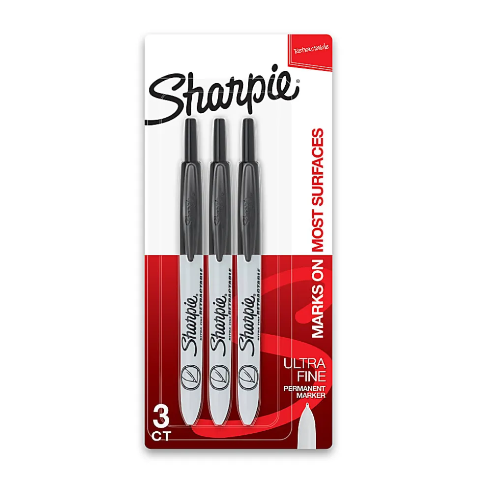 Sharpie® Retractable Permanent Markers, Ultra-Fine Point, Black, Pack Of 3 Markers