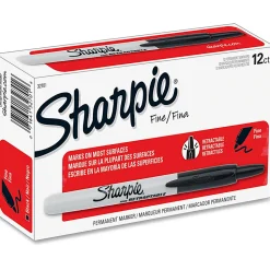Sharpie® Retractable Permanent Markers, Fine Point, Black, Box Of 12