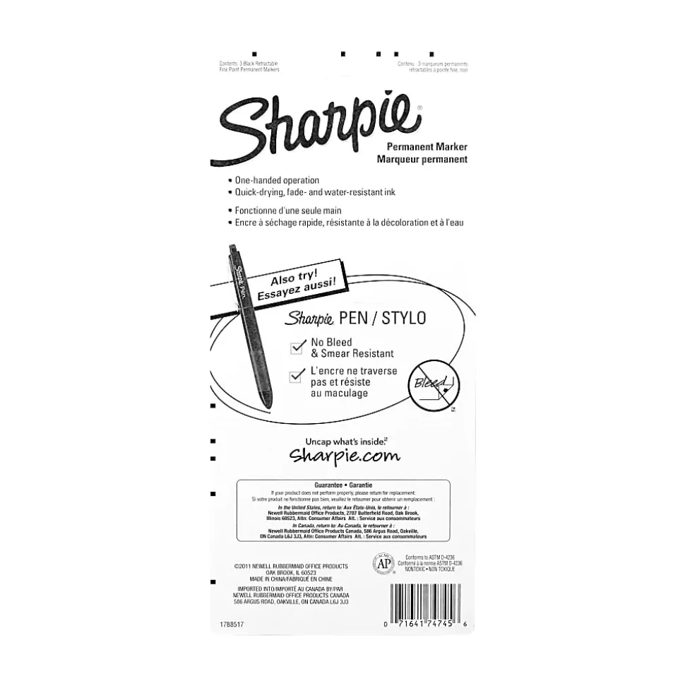 Sharpie® Retractable Permanent Markers, Fine Point, Black, Pack Of 3 Markers
