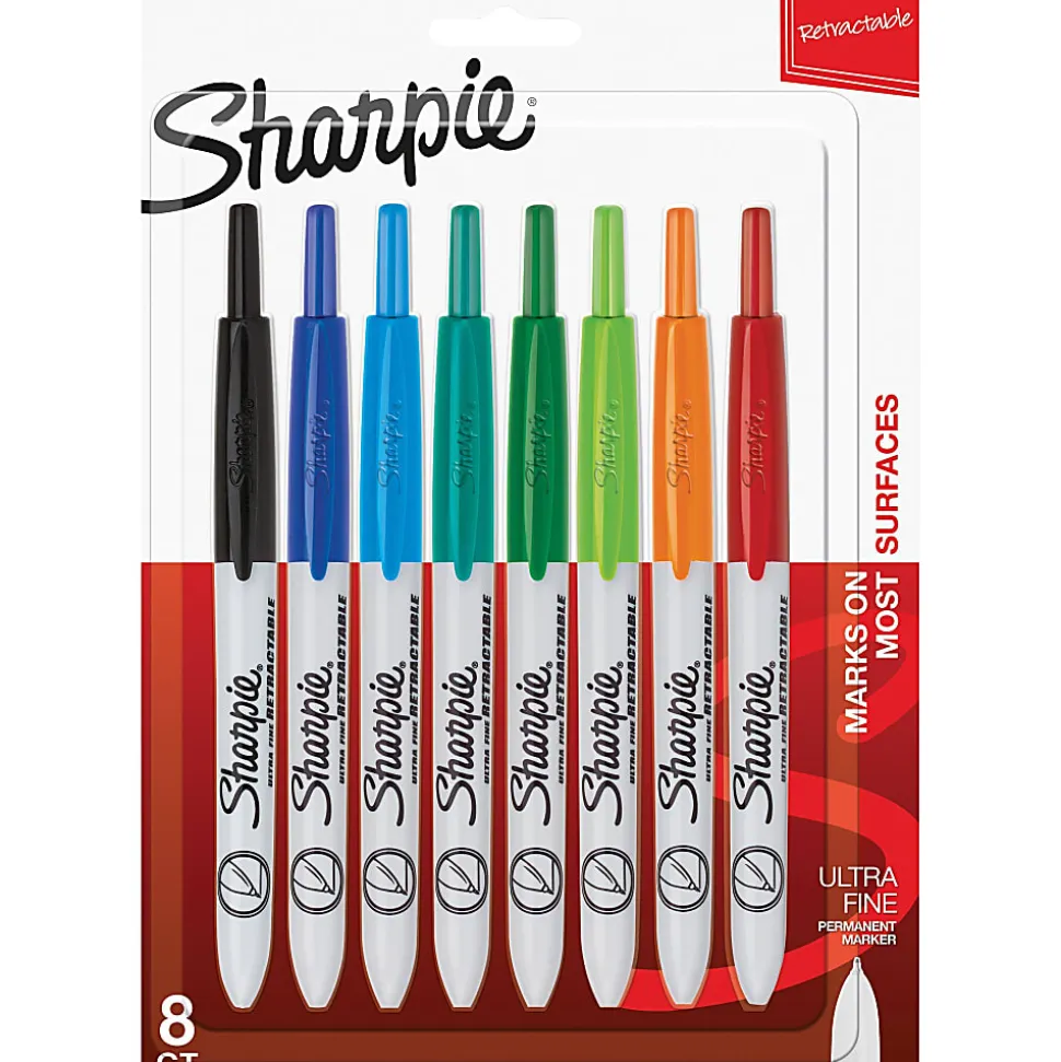 Sharpie® Retractable Permanent Markers, Ultra-Fine Point, Assorted, Pack Of 8