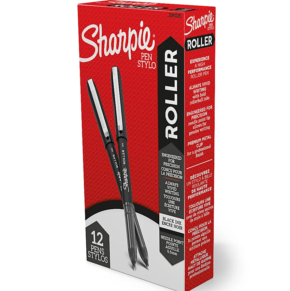 Sharpie® Rollerball Pens, Needle Point, 0.5 mm, Black Ink, Pack Of 12