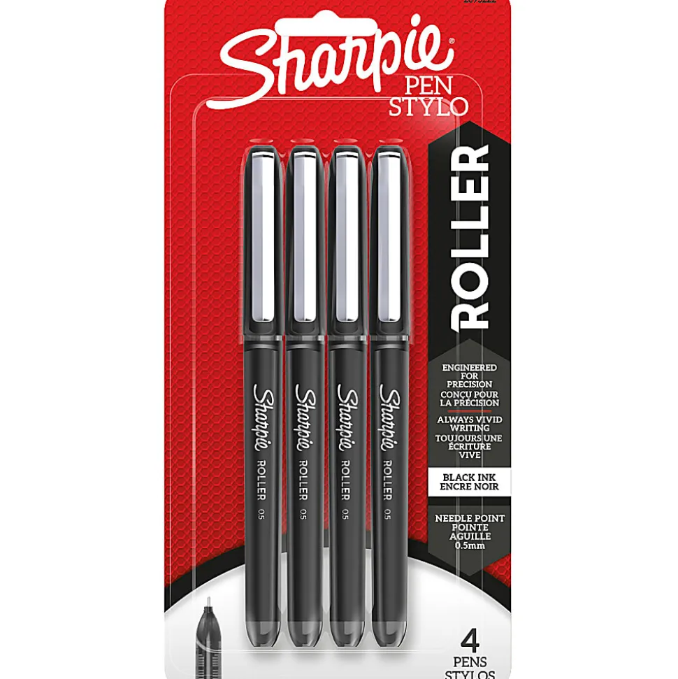 Sharpie® Rollerball Pens, Needle Point, 0.5 mm, Black Ink, Pack Of 4