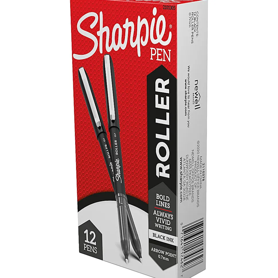 Sharpie® Roller Pens, Arrow Point, 0.7 mm, Black Barrel, Black Ink, Pack Of 12 Pens