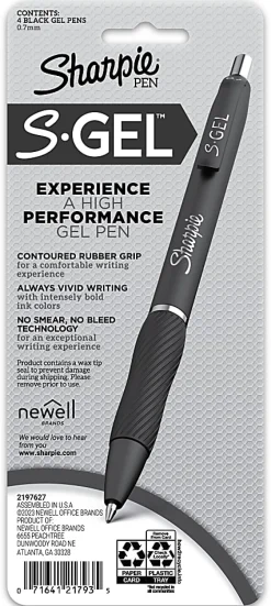 Sharpie S-Gel Fashion Barrel Gel Pens, Medium Point, 0.7 mm, Green Barrels, Black Ink, Pack Of 4 Pens