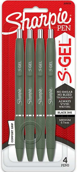 Sharpie S-Gel Fashion Barrel Gel Pens, Medium Point, 0.7 mm, Green Barrels, Black Ink, Pack Of 4 Pens