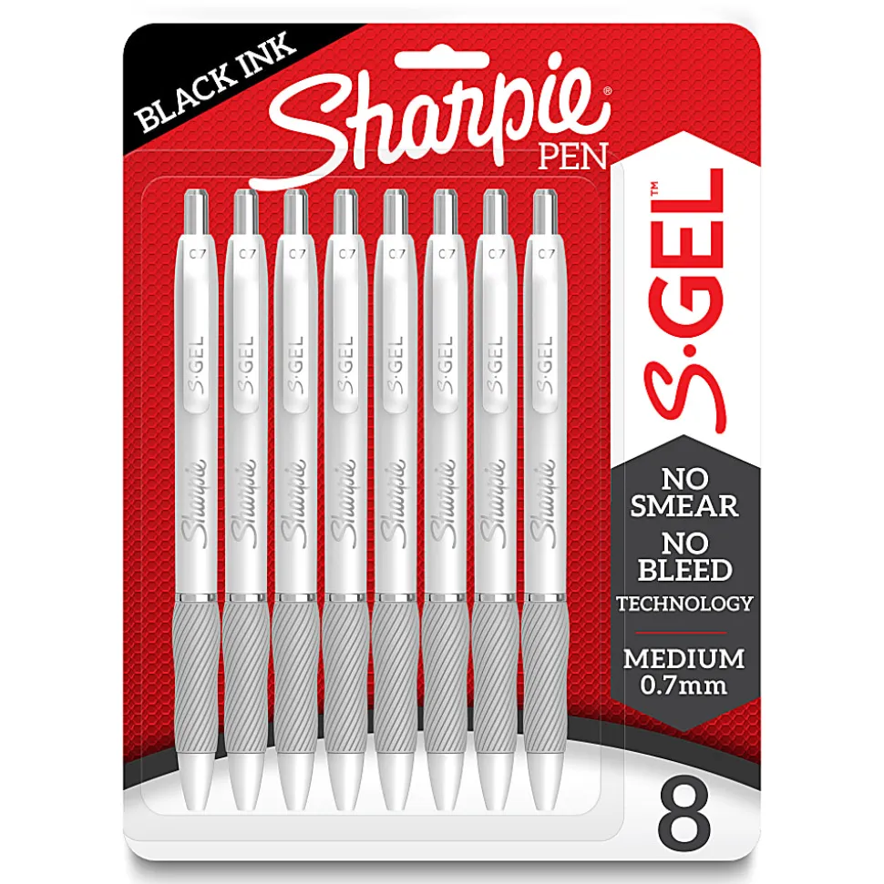 Sharpie® S-Gel Fashion Barrel Gel Pens, Medium Point, 0.7 mm, White Barrels/Black Ink, Pack Of 8 Pens