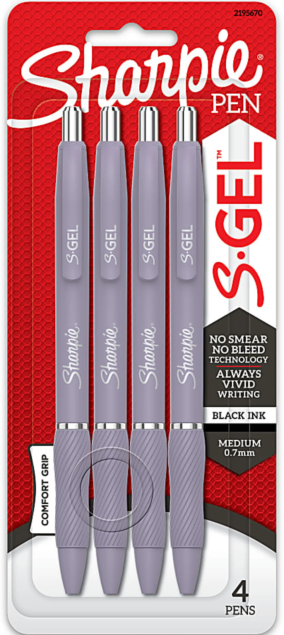 Sharpie® S-Gel, Gel Pens, Medium Point (0.7mm), Violet Barrel, Black Ink, 4 Count