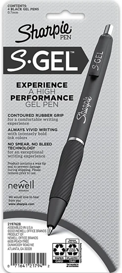 Sharpie® S-Gel, Gel Pens, Medium Point (0.7mm), Violet Barrel, Black Ink, 4 Count