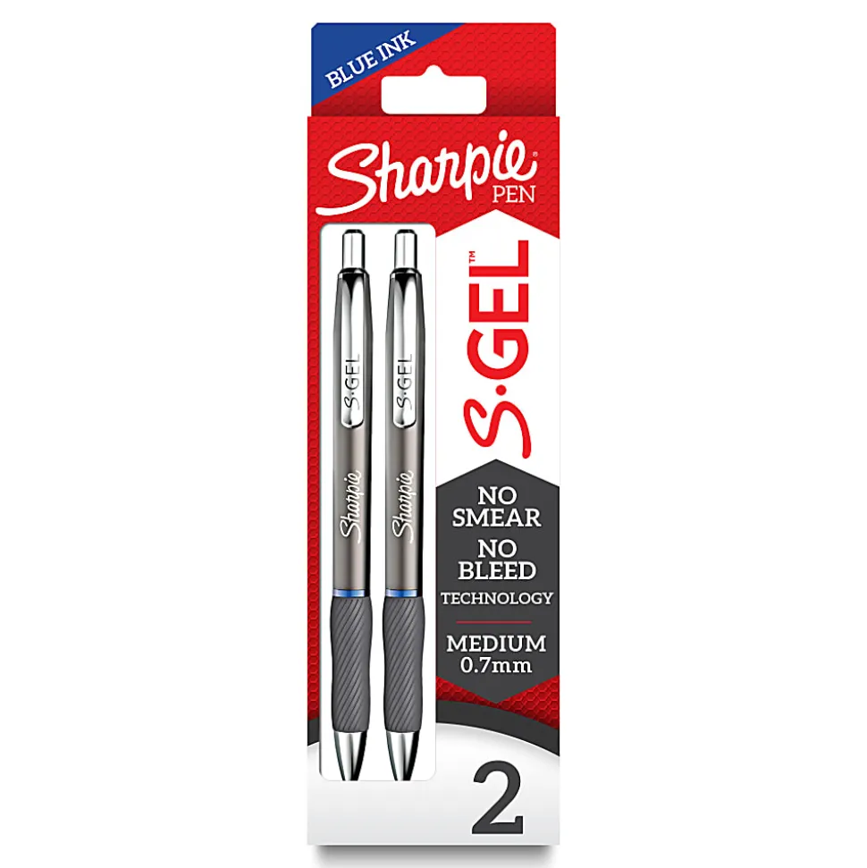 Sharpie® S-Gel Metal Barrel Gel Pens, Medium Point, 0.7 mm, Gunmetal Barrel, Blue Ink, Pack Of 2 Pens