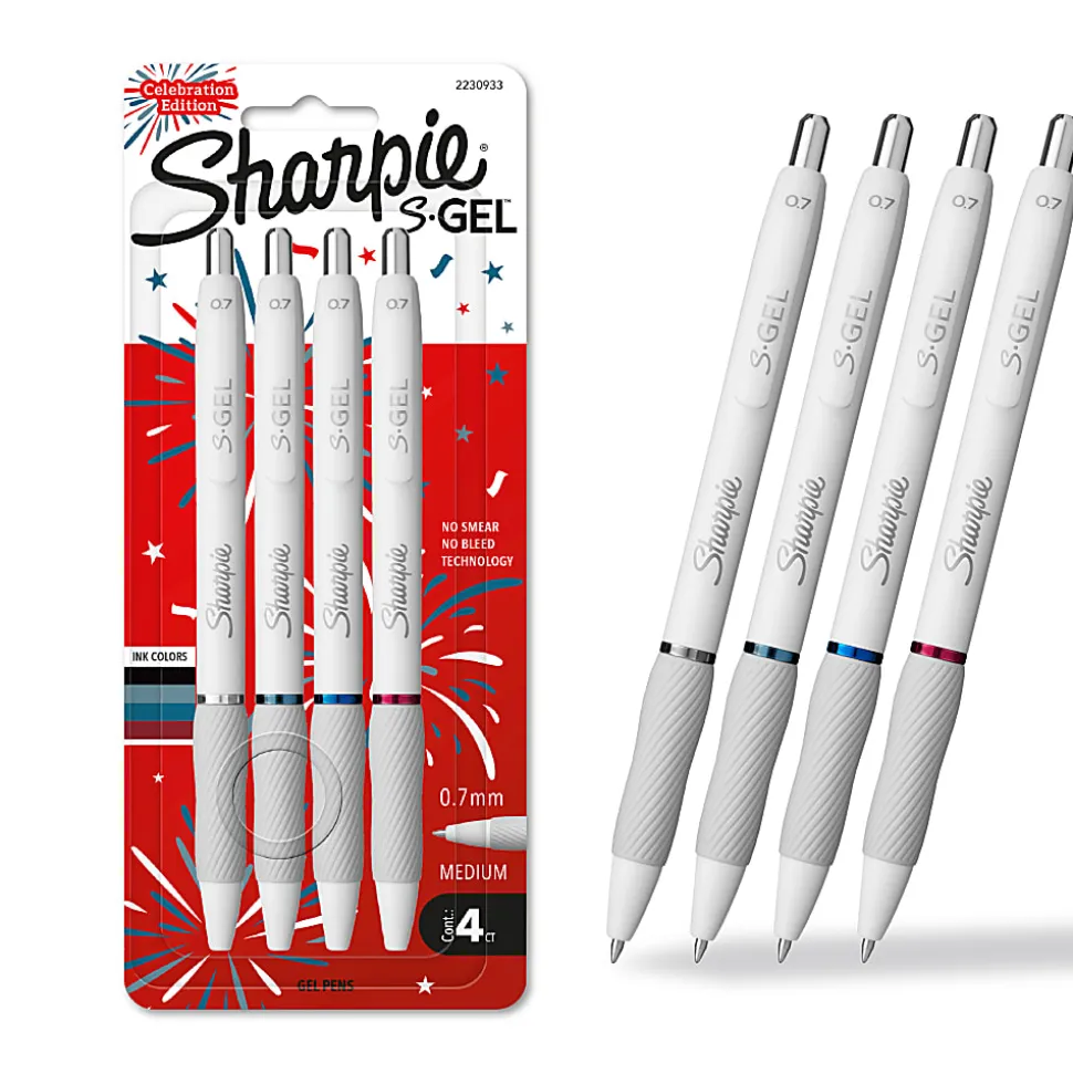 Sharpie® S-Gel Pens, Fashion Barrel Gel Pens, Pearl White Body, Medium (0.7mm) Point, 4 Count USA 250th Anniversary Edition