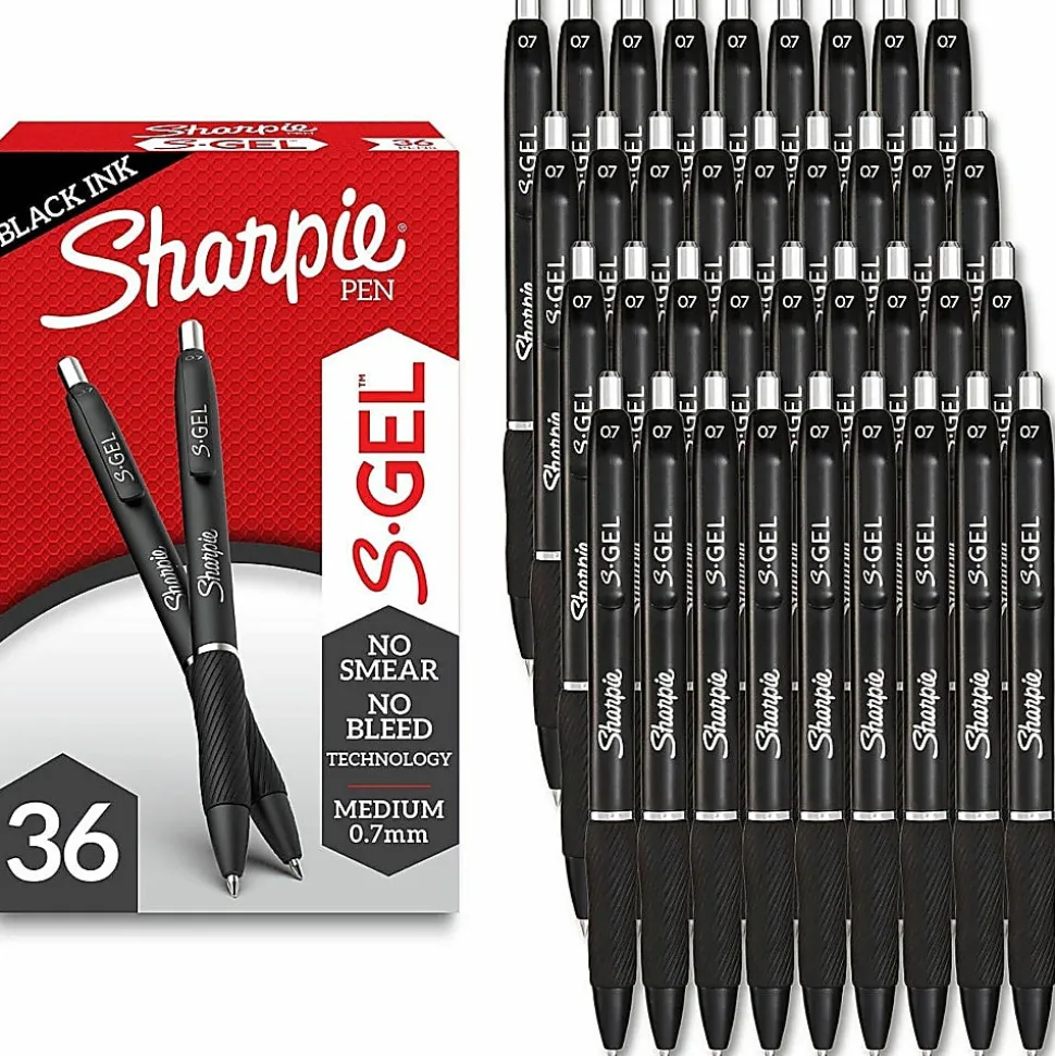 Sharpie S Gel Pens, Medium Point, 0.7 mm, Black Barrel, Black Ink, Pack Of 36 Pens
