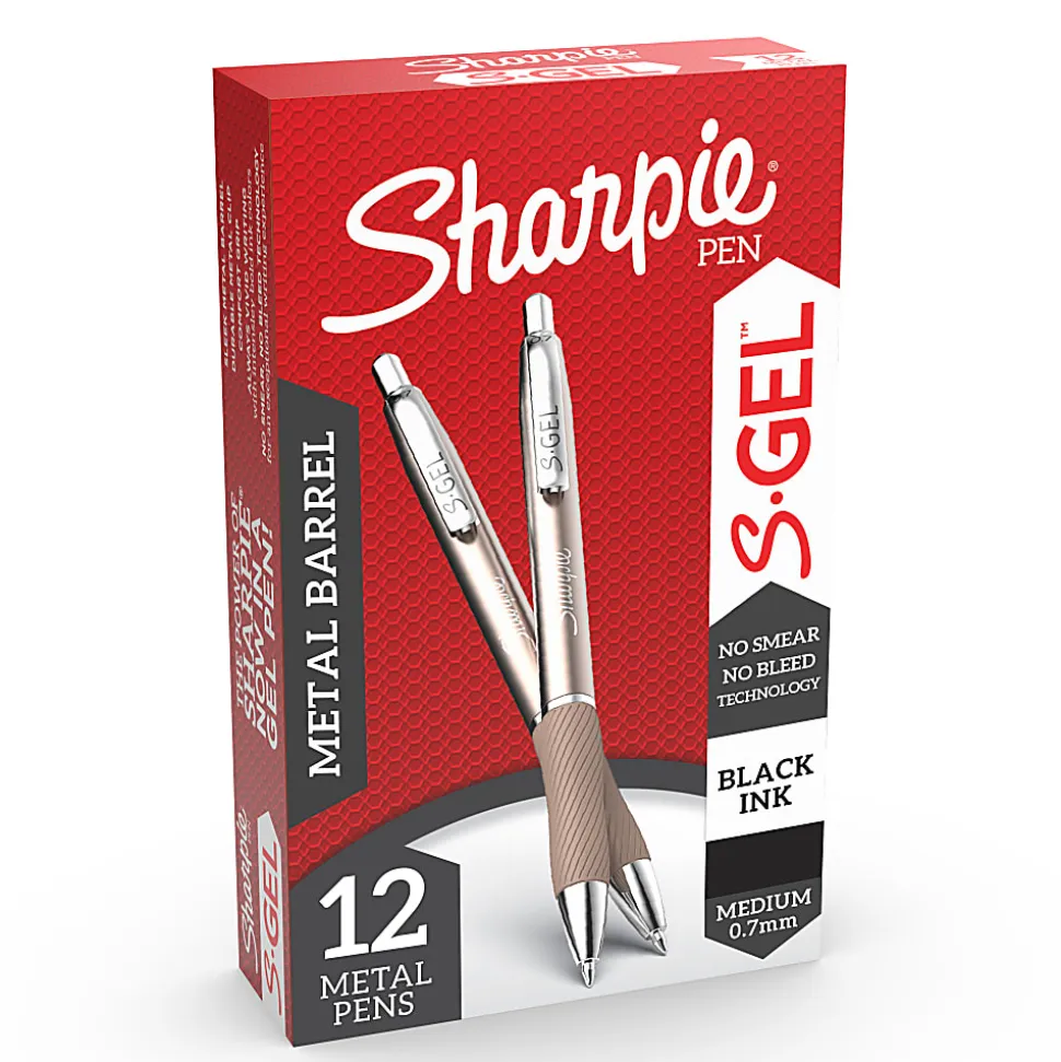Sharpie® S-Gel Pens, Medium Point, 0.7 mm, Metal Champagne Barrel, Black Ink, Pack Of 12 Pens
