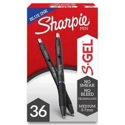 Sharpie S Gel Pens, Medium Point, 0.7 mm, Black/Blue Barrel, Blue Ink, Pack Of 36 Pens