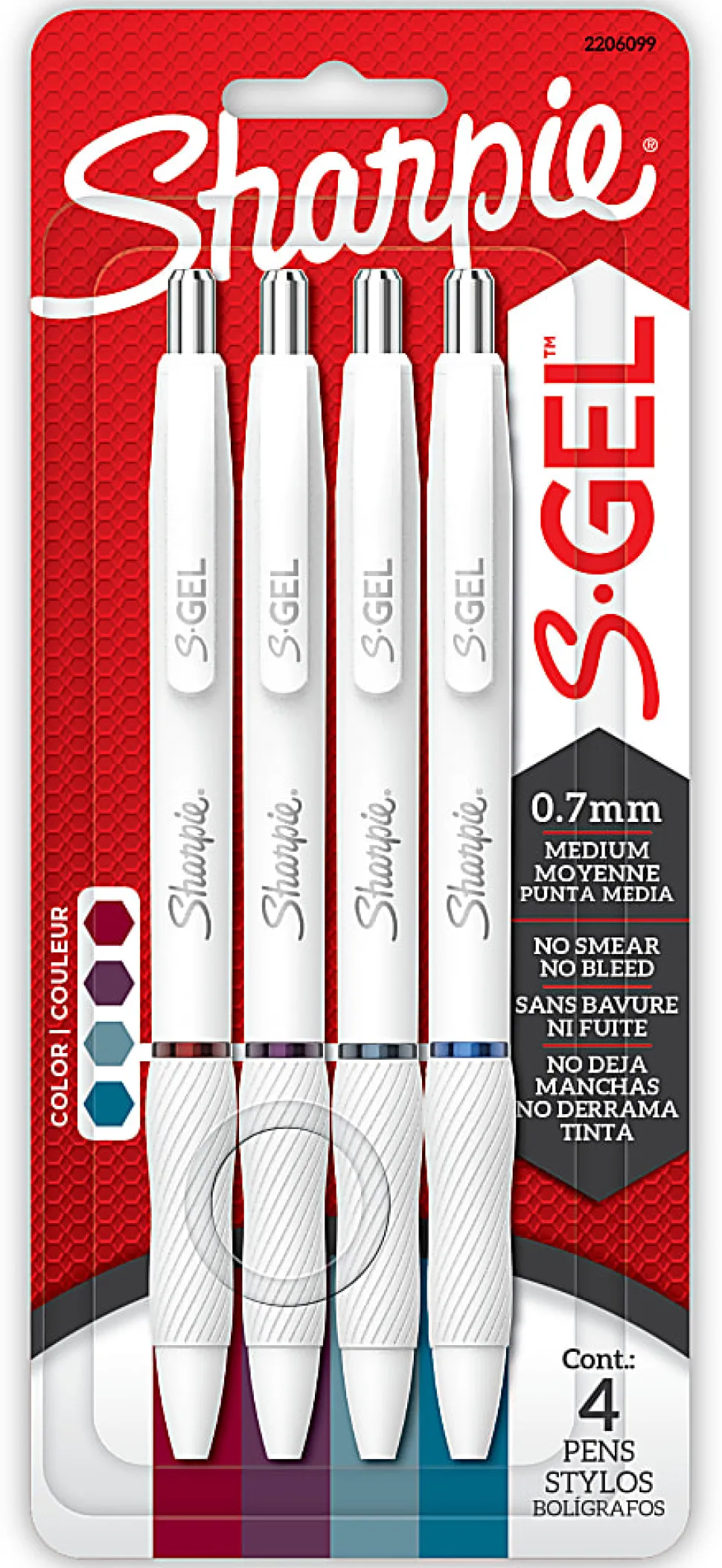 Sharpie S-Gel Retractable Gel Pens, Medium Point, 0.7mm White Barrels, Assorted Jewel Inks, Pack Of 4 Pens