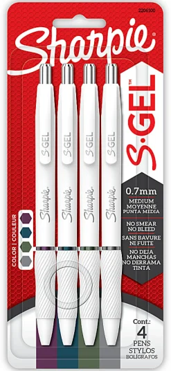 Sharpie S-Gel Retractable Gel Pens, Medium Point, 0.7mm White Barrels, Assorted Inks, Pack Of 4 Pens