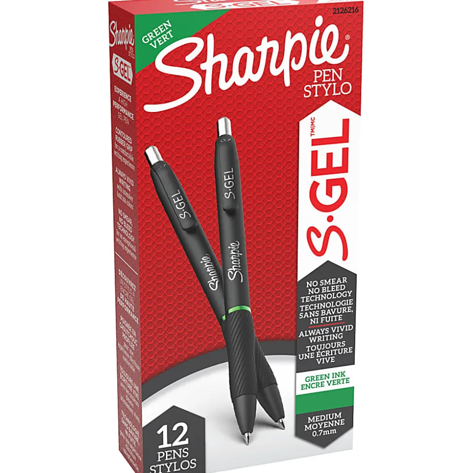 Sharpie® S-Gel Retractable Pens, Medium Point, 0.7 mm, Black Barrel, Green Ink, Pack Of 12 Pens