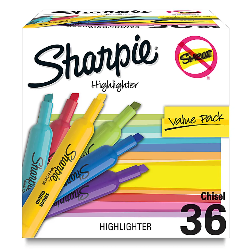 Sharpie® Tank Highlighters, Chisel Tip, Assorted Color Highlighters, Value Pack, 36 Count