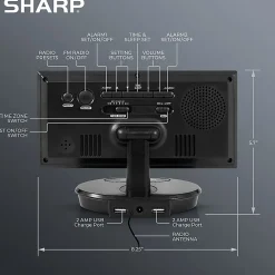 Sharp Jumbo 3” LED Display Clock Radio with Accu-set and 2 USB Ports, 5-5/8”H x 3-1/4”W x 8-5/16”D, Black