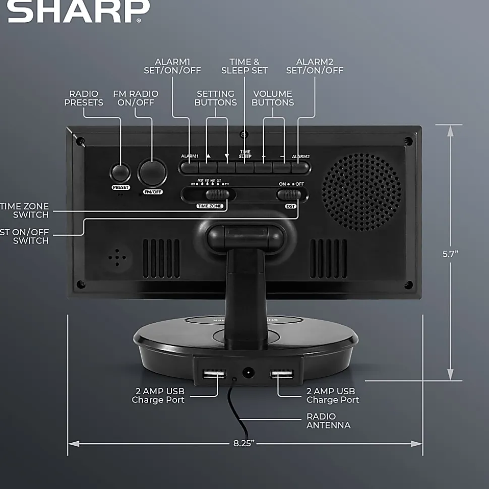 Sharp Jumbo 3” LED Display Clock Radio with Accu-set and 2 USB Ports, 5-5/8”H x 3-1/4”W x 8-5/16”D, Black
