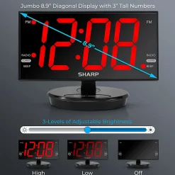 Sharp Jumbo 3” LED Display Clock Radio with Accu-set and 2 USB Ports, 5-5/8”H x 3-1/4”W x 8-5/16”D, Black