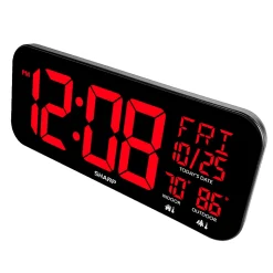Sharp Jumbo 4'' LED Wall Clock with Indoor/Outdoor Temperature and Calendar Display, 5-7/8”H x 1”W x 14”D, Black