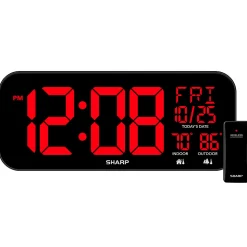 Sharp Jumbo 4'' LED Wall Clock with Indoor/Outdoor Temperature and Calendar Display, 5-7/8”H x 1”W x 14”D, Black