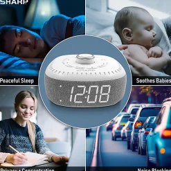 Sharp White Noise Machine Alarm Clock with Bluetooth Speaker, 2-3/8”H x 5-1/8”W x 5-1/8”D, White
