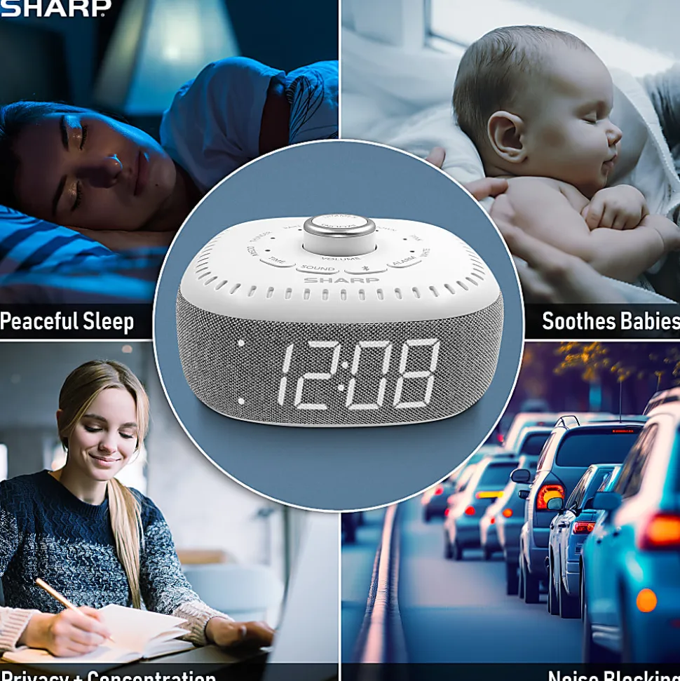 Sharp White Noise Machine Alarm Clock with Bluetooth Speaker, 2-3/8”H x 5-1/8”W x 5-1/8”D, White