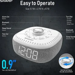 Sharp White Noise Machine Alarm Clock with Bluetooth Speaker, 2-3/8”H x 5-1/8”W x 5-1/8”D, White