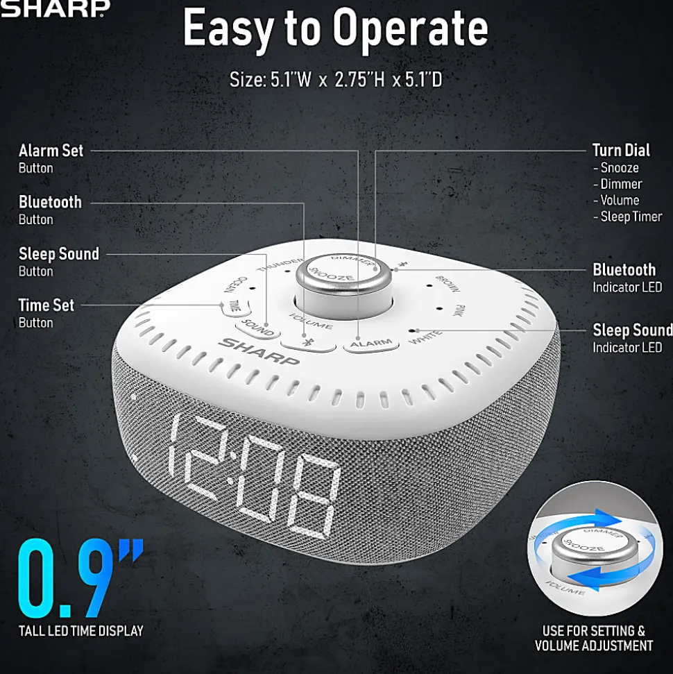 Sharp White Noise Machine Alarm Clock with Bluetooth Speaker, 2-3/8”H x 5-1/8”W x 5-1/8”D, White