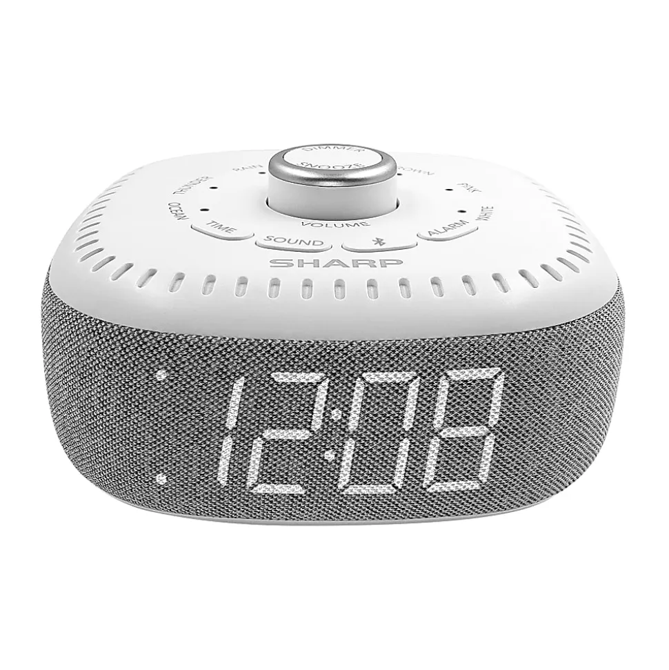 Sharp White Noise Machine Alarm Clock with Bluetooth Speaker, 2-3/8”H x 5-1/8”W x 5-1/8”D, White