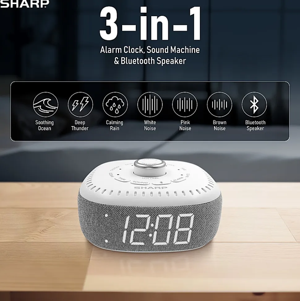 Sharp White Noise Machine Alarm Clock with Bluetooth Speaker, 2-3/8”H x 5-1/8”W x 5-1/8”D, White