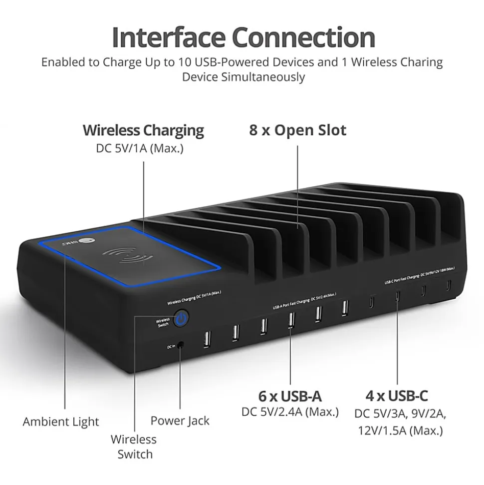 SIIG 10-Port USB-A/C & Wireless Charging Station - 150W