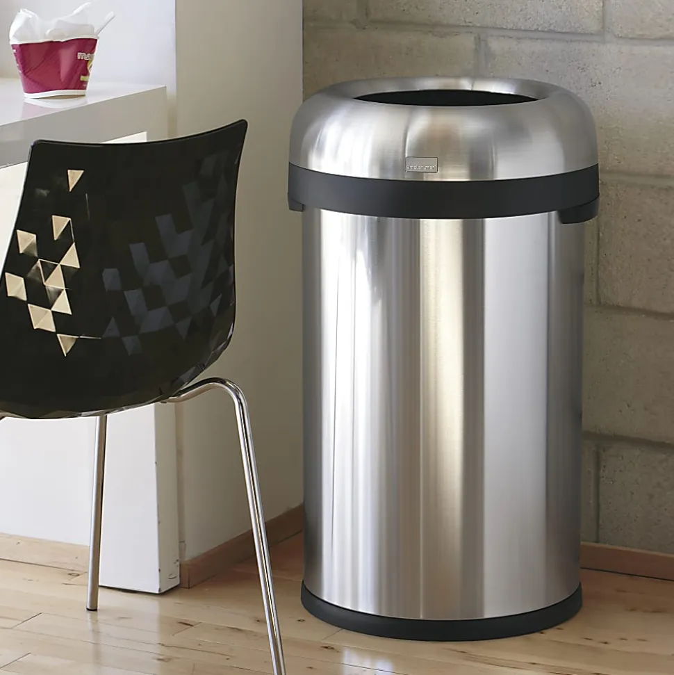 simplehuman Commercial Open Top Trash Can, Bullet Round, 30 Gallons, 32.3" x 18.9", Brushed Heavy-Gauge Stainless Steel