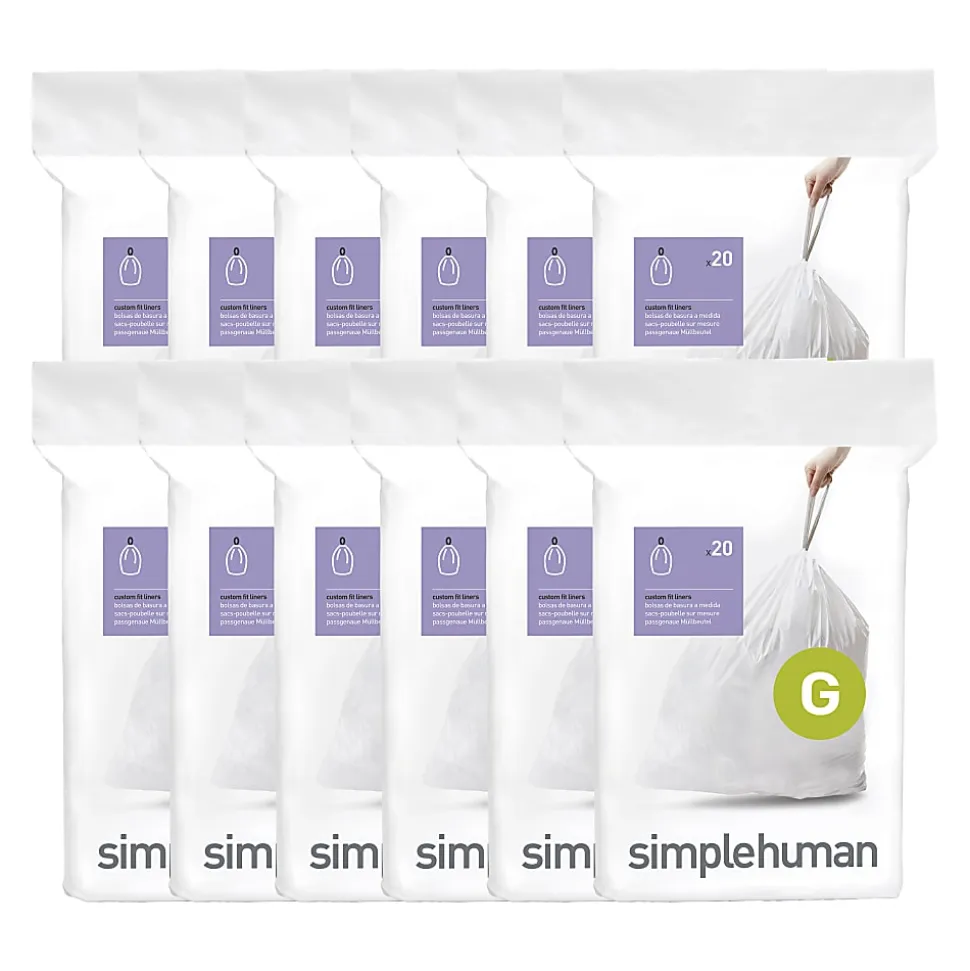 simplehuman Custom Fit Can Liners, G, 0.3 mil, 8 Gallons, White, Pack Of 240 Liners