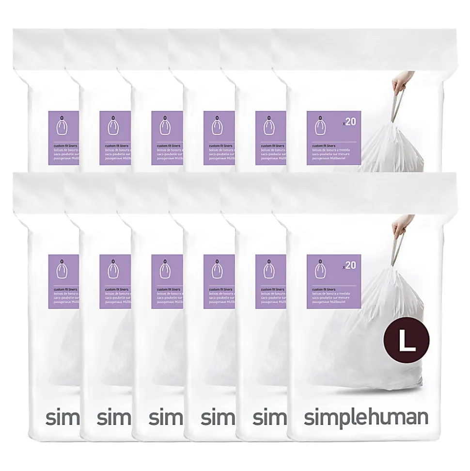 simplehuman Custom-Fit Trash Can Liners, Code L, 0.25-mil, 4.76 Gallons, 20" x 18 3/4", White, Pack Of 240 Liners