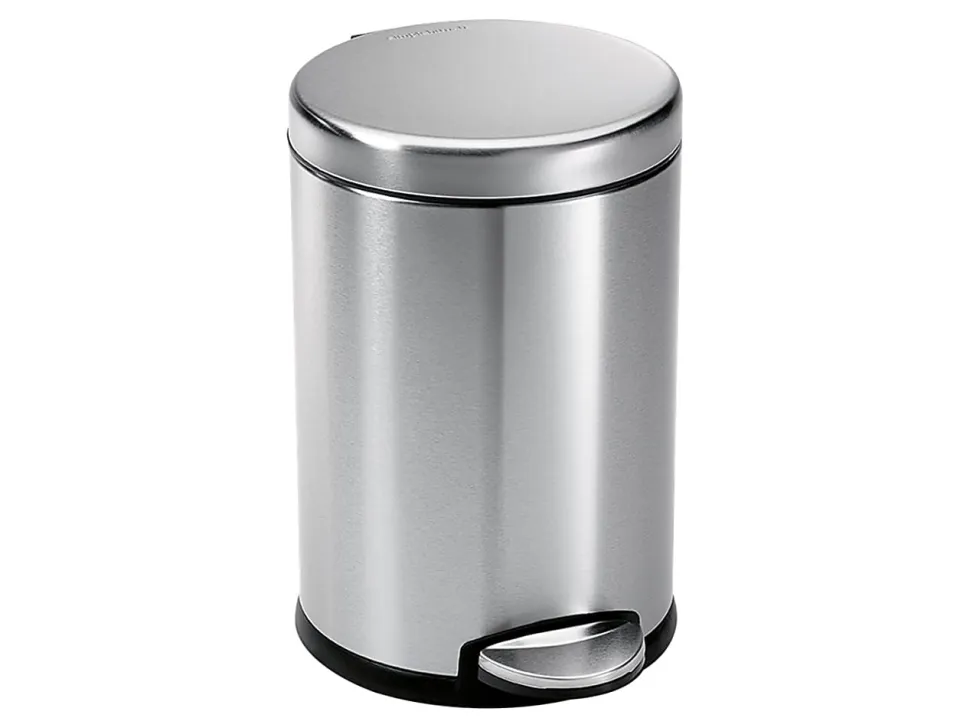 simplehuman Mini Round Step Trash Can, 1.2 Gallons, 12.1"H x 7.6"W x 10"D, Brushed Stainless Steel