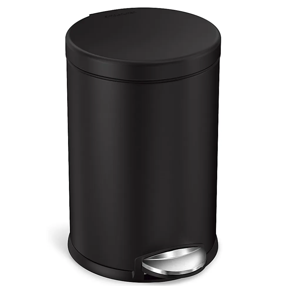simplehuman Mini Round Step Trash Can, 1.2 Gallons, 12.1"H x 7.6"W x 10"D, Matte Black Steel