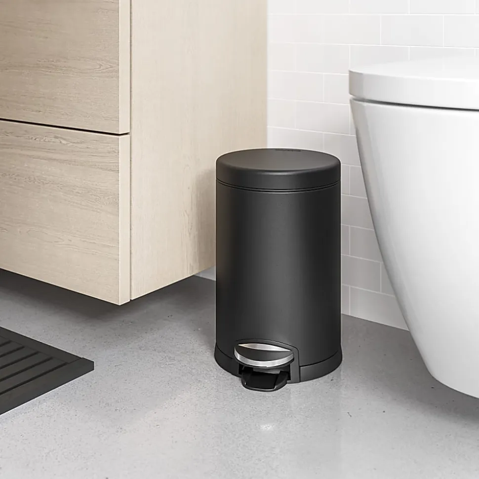 simplehuman Mini Round Step Trash Can, 1.2 Gallons, 12.1"H x 7.6"W x 10"D, Matte Black Steel