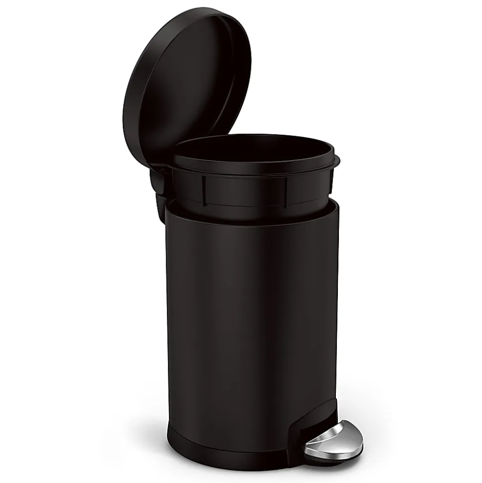 simplehuman Mini Round Step Trash Can, 1.2 Gallons, 12.1"H x 7.6"W x 10"D, Matte Black Steel