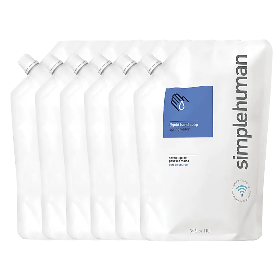 simplehuman Moisturizing Liquid Hand Soap, Spring Water, 34 Oz, Carton Of 6 Pouches