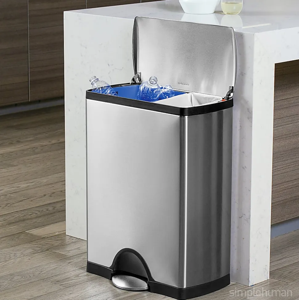 simplehuman® Rectangular Dual-Compartment Step Recycler Trash Can, 12.15 Gallons, Brushed Stainless Steel