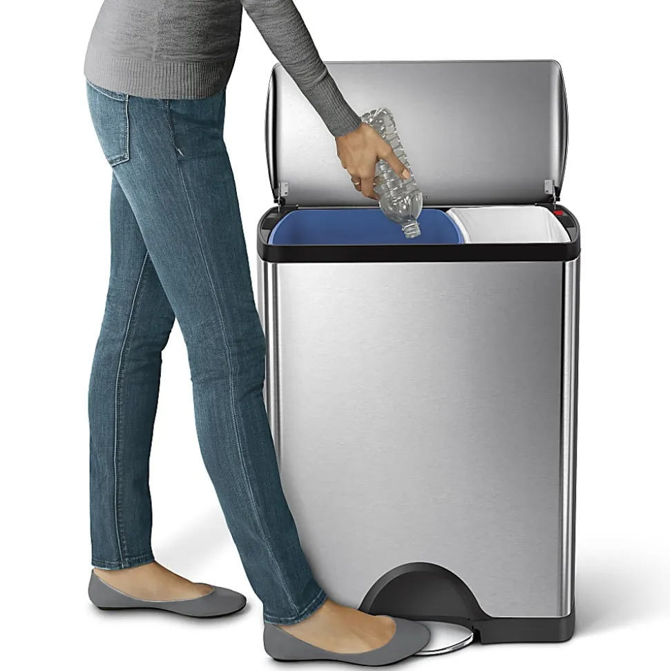 simplehuman® Rectangular Dual-Compartment Step Recycler Trash Can, 12.15 Gallons, Brushed Stainless Steel