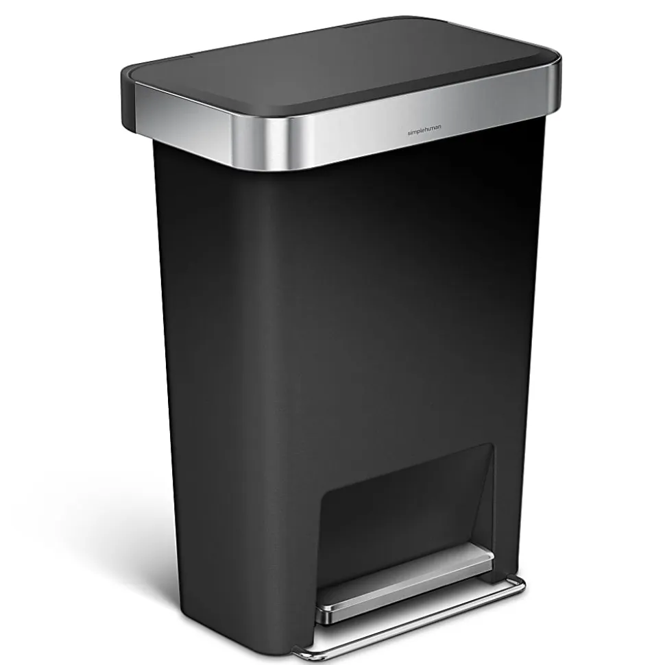 simplehuman Rectangular Step Can With Liner Pocket, 12 Gallons, Black Plastic