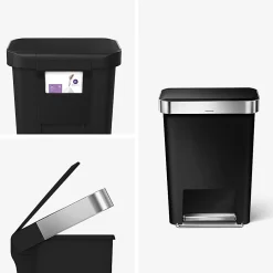 simplehuman Rectangular Step Can With Liner Pocket, 12 Gallons, Black Plastic