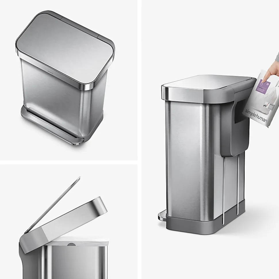 simplehuman Rectangular Step Can With Liner Pocket, 14.5 Gallons, Brushed Stainless Steel