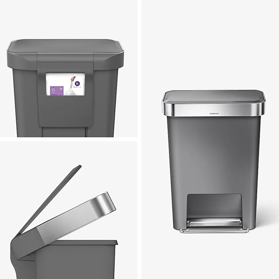 simplehuman Rectangular Step Can With Liner Pocket, 12 Gallons, Gray Plastic