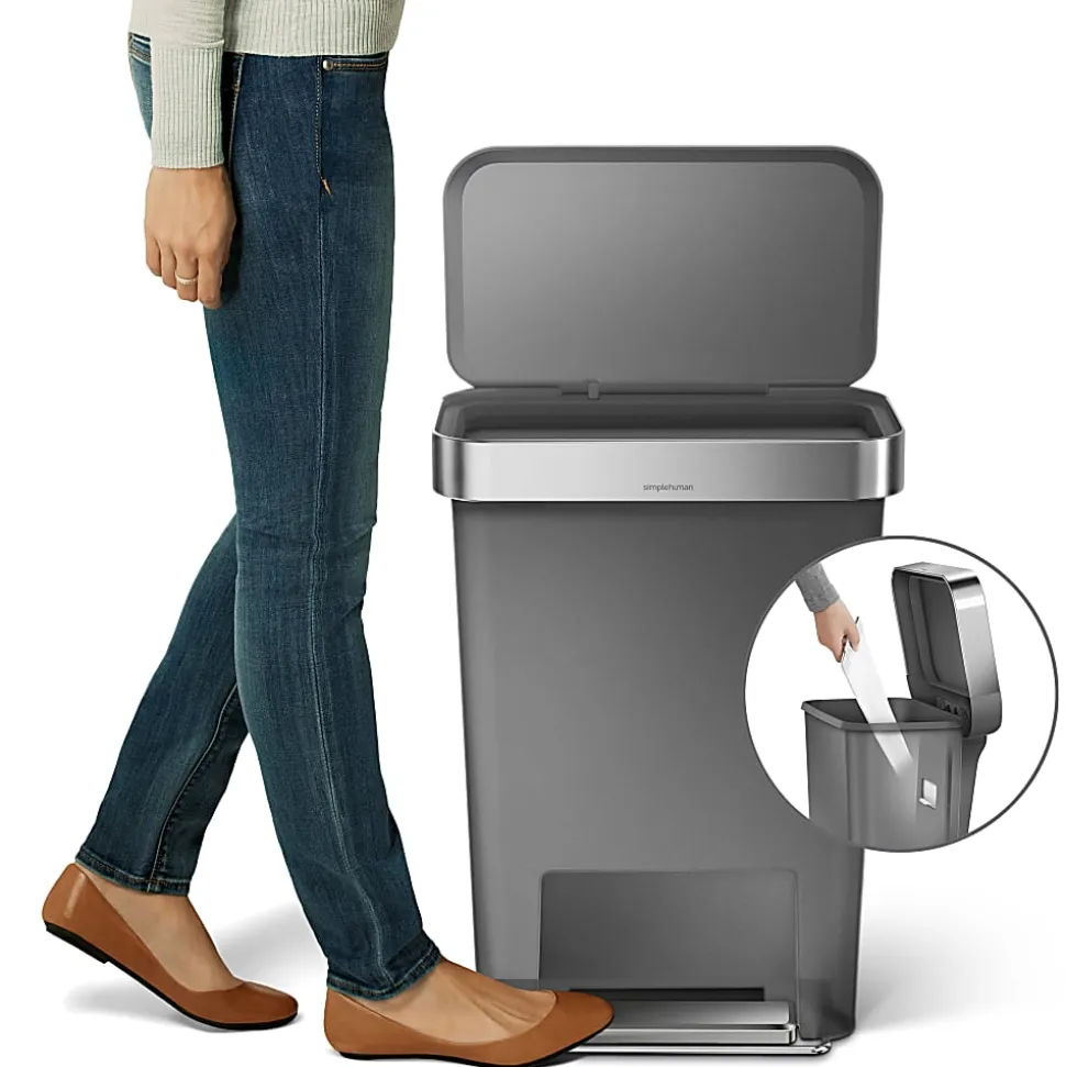 simplehuman Rectangular Step Can With Liner Pocket, 12 Gallons, Gray Plastic