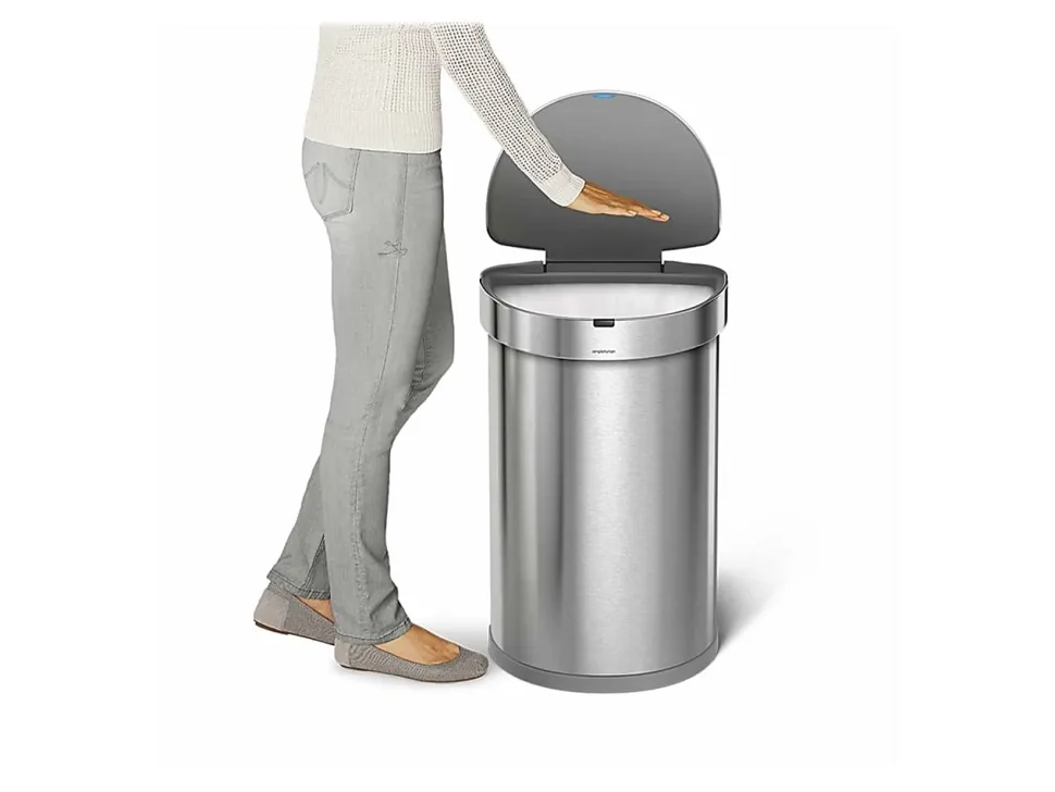 simplehuman® Semi-Round Sensor Stainless-Steel Trash Can With Liner Pocket, 12 Gallons, 25-1/4"H x 15-7/16"W x 12-13/16"D, Brushed Stainless Steel