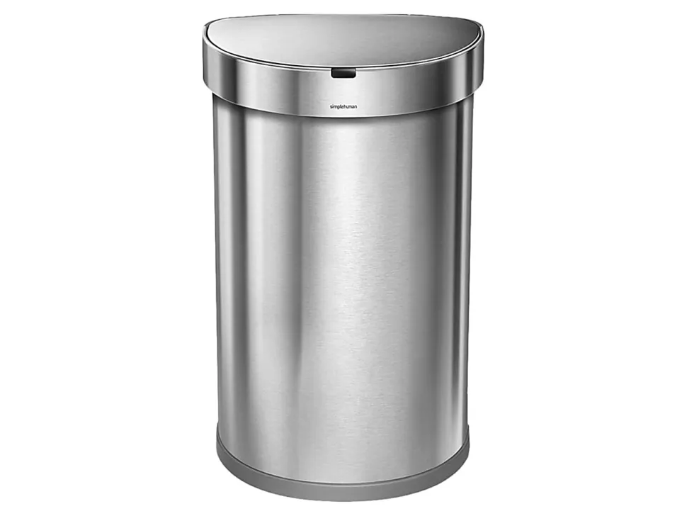 simplehuman® Semi-Round Sensor Stainless-Steel Trash Can With Liner Pocket, 12 Gallons, 25-1/4"H x 15-7/16"W x 12-13/16"D, Brushed Stainless Steel